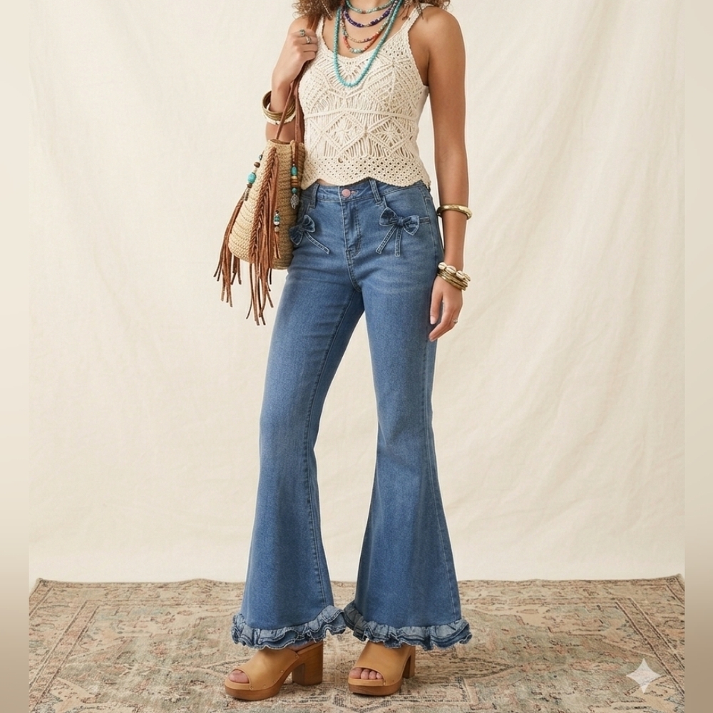 Sugar Thrillz Medium Blue Flared Jeans with Front Bow Accents